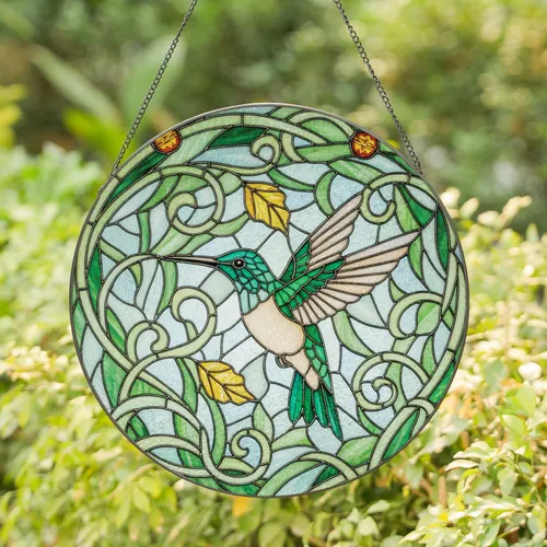 Hummingbird Floral Foliage - Home Decor Gift for Wildlife Lover Stained Glass Suncatcher