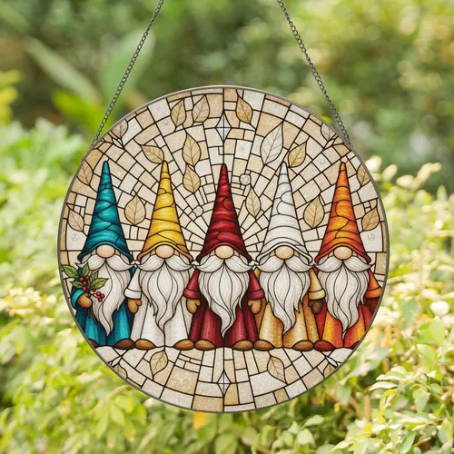 Five Gnomes Red Berries - Christmas Holiday Home Decor Gift for Gnome Lover Stained Glass Suncatcher