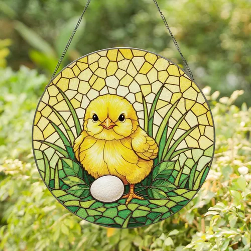 Yellow Baby Chick Egg Green Foliage - Spring Home Decor Gift for Garden Lover Stained Glass Suncatcher