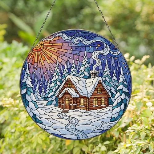 Stained Glass Log Cabin Snowy Forest Sun Path - Home Decor Gift Stained Glass Suncatcher