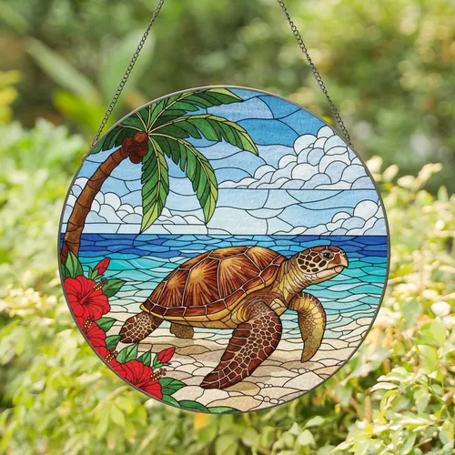 Sea Turtle Palm Tree Hibiscus Beach Scene - Wildlife Lover Gift for Ocean Enthusiasts Stained Glass Suncatcher