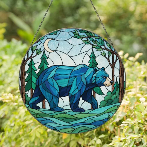 Sturdy Bear Woodland Crescent Moon - Wildlife Admirer Home Decor Gift Stained Glass Suncatcher