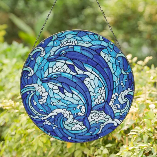 Dolphins Leaping Ocean Waves Water Bubbles Marine Life Home Decor Gift for Sea Lovers Stained Glass Suncatcher