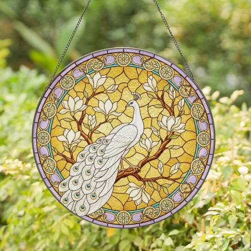 White Peacock Magnolia Flowers Stained Glass Mosaic - Home Decor Gift for Wildlife Lover Stained Glass Suncatcher