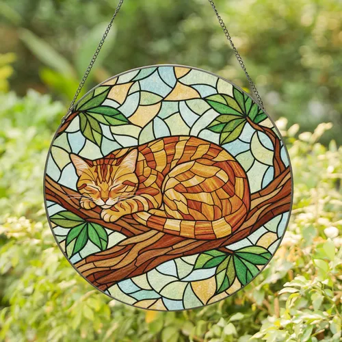 Curled Ginger Tabby Cat Sleeping Tree Branch Green Leaves - Cat Lover Home Decor Gift Stained Glass Suncatcher