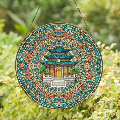 Grand East Asian Palace Temple Blue Roofs Golden Eaves Arch Door Pine Trees Home Decor Gift Stained Glass Suncatcher