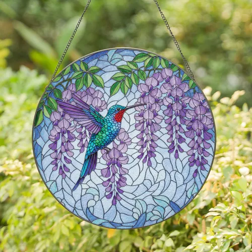 Iridescent Hummingbird Wisteria Flowers - Wildlife Lover Home Decor Gift for Bird Lover Stained Glass Suncatcher
