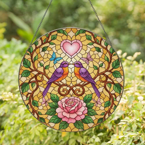 Rose Birds Heart Butterflies Floral - Wildlife Home Decor Gift Stained Glass Suncatcher