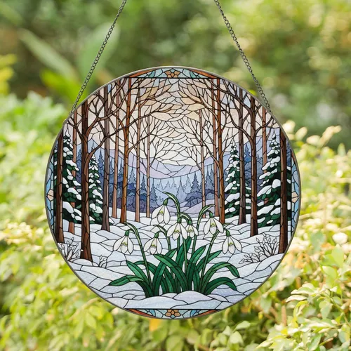 White Snowdrop Flowers Green Leaves Winter Forest Snowy Valley Mosaic Landscape - Home Decor Gift Stained Glass Suncatcher