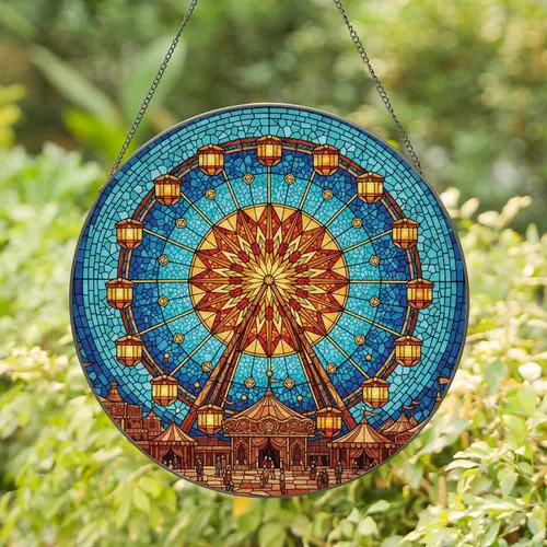 Ferris Wheel Spokes Beams Lantern Gondolas Carnival Ground Buildings Tents - Home Decor Gift Stained Glass Suncatcher