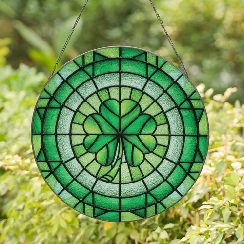 Tiffany Stained Glass Four Leaf Clover Shamrock Segmented Round - St. Patrick's Day Gift Stained Glass Suncatcher
