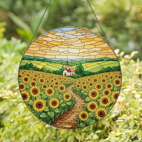 Sunflower Field Country Church Rolling Hills - Farmhouse Home Decor Gift for Garden Lover Stained Glass Suncatcher