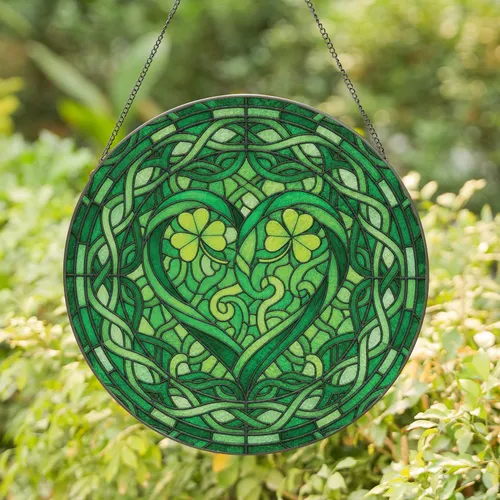 Celtic Knotwork Heart Shamrocks - St Patrick's Day Gift Stained Glass Suncatcher