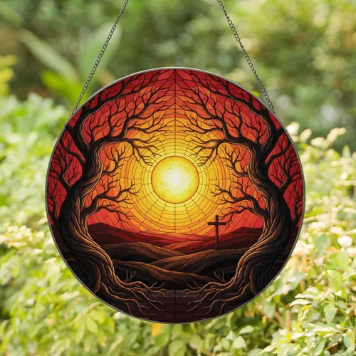 Fiery Moon Gnarled Twisted Trees Cross Landscape - Gothic Home Decor Gift Stained Glass Suncatcher