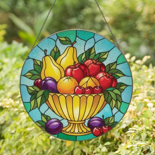 Golden Fruit Bowl Pears Apples Plums Cherries Leaves - Home Decor Gift for Garden Lover Stained Glass Suncatcher