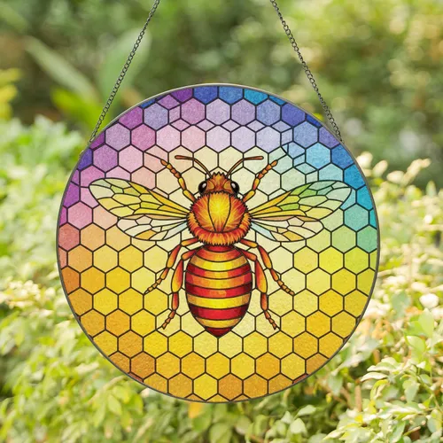 Square Honey Bee Hexagonal Honeycomb Rainbow Mosaic - Window Home Decor Gift for Bee Lovers Stained Glass Suncatcher