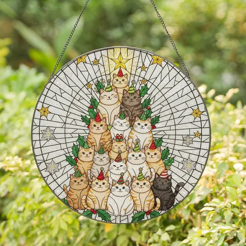 Pyramid Cat Christmas Tree - Holiday Home Decor Gift for Cat Lovers Stained Glass Suncatcher