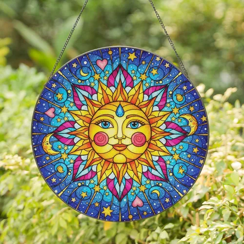 Sun Face Blue Gem Rays Petals, Stars Moons Hearts, Cosmic Background - Home Decor Gift Stained Glass Suncatcher