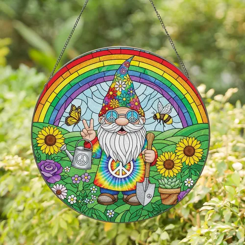 Cheerful Hippie Gnome Peace Sign Garden Rainbow - Home Decor Gift for Gardeners Stained Glass Suncatcher