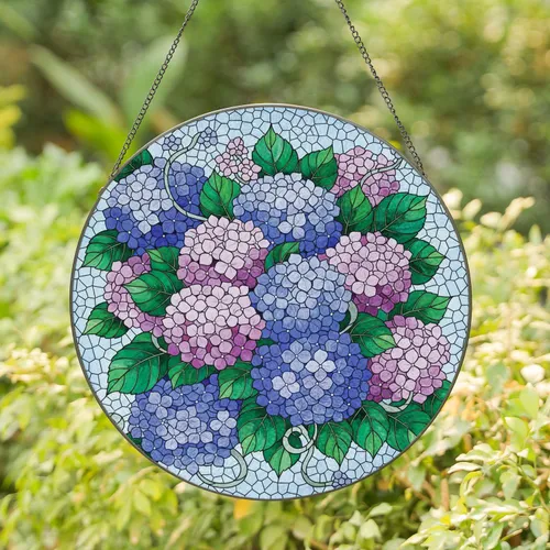 Lush Hydrangea Blooms Tiffany Stained Glass Floral Mosaic - Home Decor Gift for Garden Lover Stained Glass Suncatcher