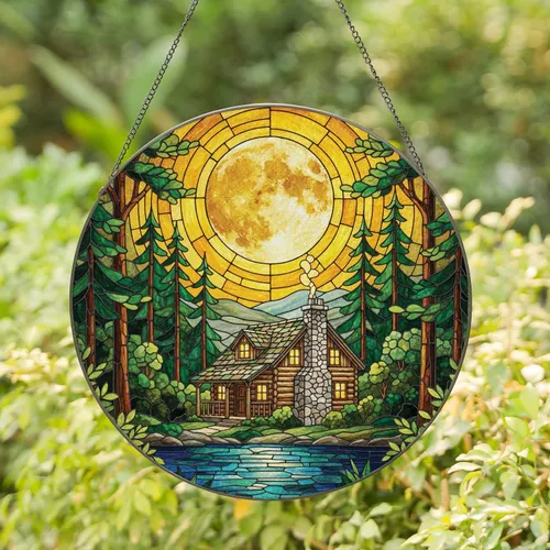 Illuminated Cabin Golden Moon Pine Forest - Home Decor Gift for Nature Lover Stained Glass Suncatcher