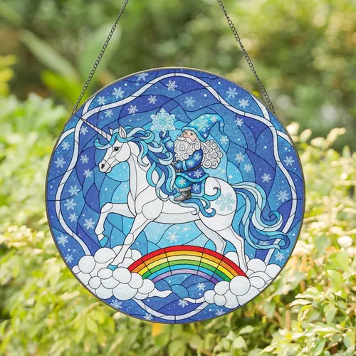 Gnome Unicorn Snowflakes Blue Hat Tunic Cloud Rainbow Frosty - Winter Home Decor Gift Stained Glass Suncatcher