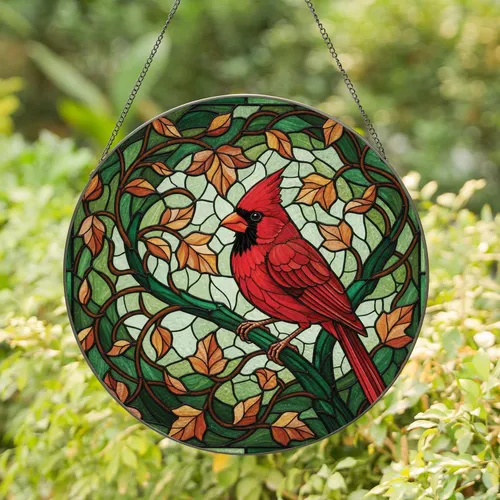 Northern Cardinal Bird Green Branch Floral Wildlife Lover Home Decor Gift Stained Glass Suncatcher
