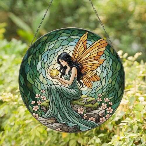 Graceful Fairy Golden Orb Moss Rock Stained Glass - Home Decor Gift Stained Glass Suncatcher
