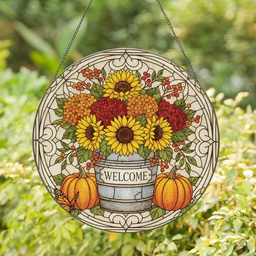 Welcome Bucket Sunflowers Hydrangeas Pumpkins - Farmhouse Home Decor Gift Stained Glass Suncatcher