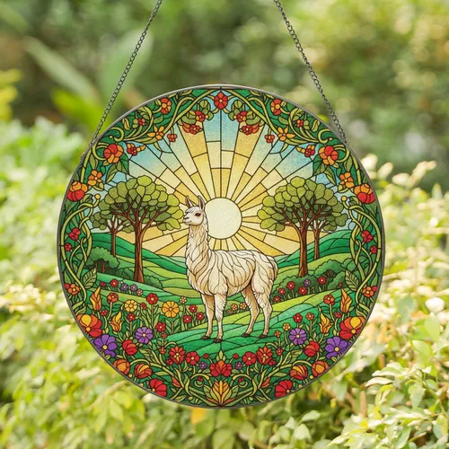 Cream Llama Green Hillside Sunburst Flowers Trees - Wildlife Lover Home Decor Gift Stained Glass Suncatcher