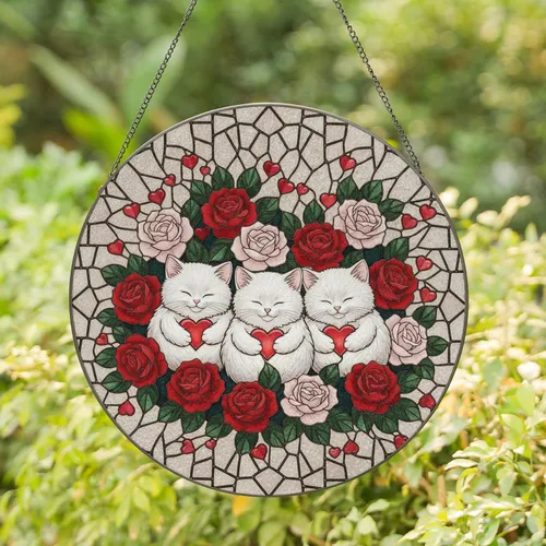 Three Fluffy White Kittens Cuddling Red Hearts Rose Floral - Home Decor Gift for Cat Lover Stained Glass Suncatcher