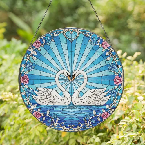 Swans Heart Sunburst Golden Filigree Rose - Home Decor Gift for Bird Lover Stained Glass Suncatcher