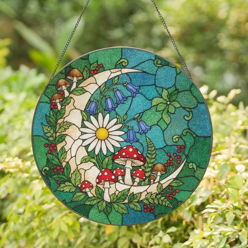 Luminous Crescent Moon Ruby Red Toadstools Wildflowers Daisy Fungi - Home Decor Gift Stained Glass Suncatcher