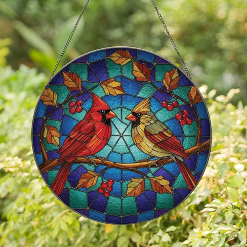 Cardinal Birds Tree Branch Red Berries Autumn Leaves Home Decor Gift for Bird Lover Stained Glass Suncatcher