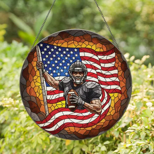 Football Player American Flag - Independence Day Gift for Veterans Stained Glass Suncatcher