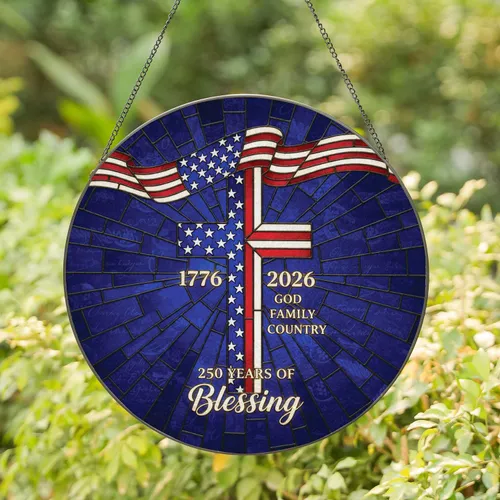 Patriotic Cross American Flag 250 Years Independence Day Gift for Veterans Stained Glass Suncatcher