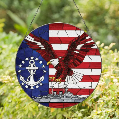 Bald Eagle American Flag Navy Battleship - Independence Day Gift for Veterans Stained Glass Suncatcher