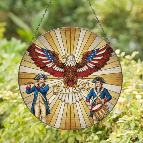 Bald Eagle American Flag We the People Fifer Drummer - Independence Day Gift for Veterans Stained Glass Suncatcher