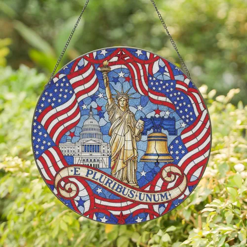 Statue of Liberty Liberty Bell U.S. Capitol Flag - Independence Day Decor Gift Stained Glass Suncatcher