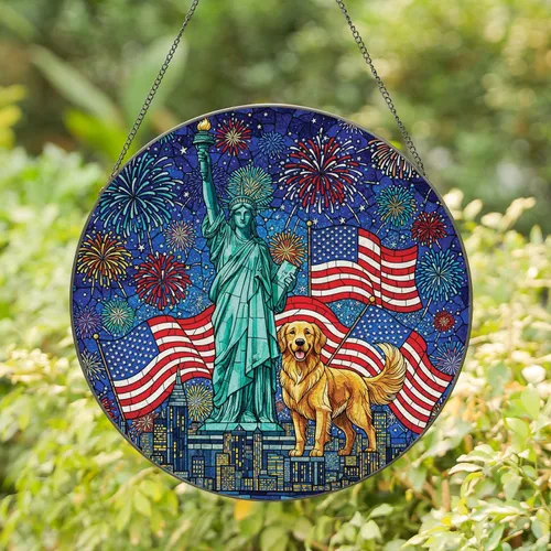 Statue of Liberty Golden Retriever American Flag - Independence Day Gift for Veterans Stained Glass Suncatcher