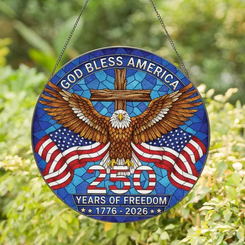 Bald Eagle American Flag Cross - 250 Year Freedom Commemorative Decor Stained Glass Suncatcher