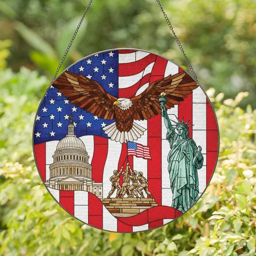 Bald Eagle Statue of Liberty US Capitol American Flag - Independence Day Gift for Veterans Stained Glass Suncatcher