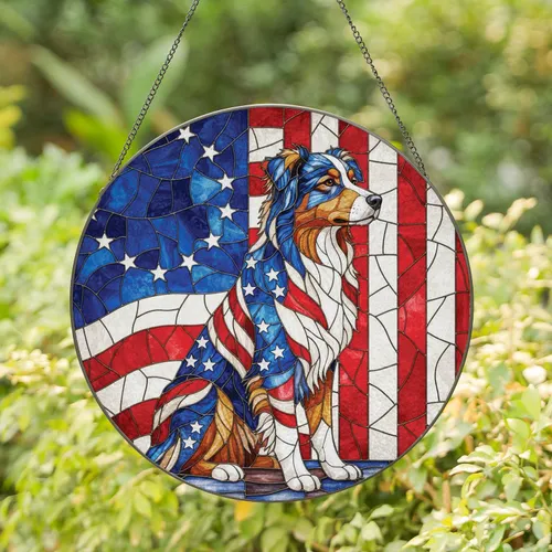 Australian Shepherd American Flag - Independence Day Gift for Veterans Stained Glass Suncatcher