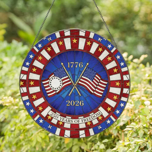 Crossed American Flags 1776 2026 250 Years Freedom - American Anniversary Home Decor Gift Stained Glass Suncatcher
