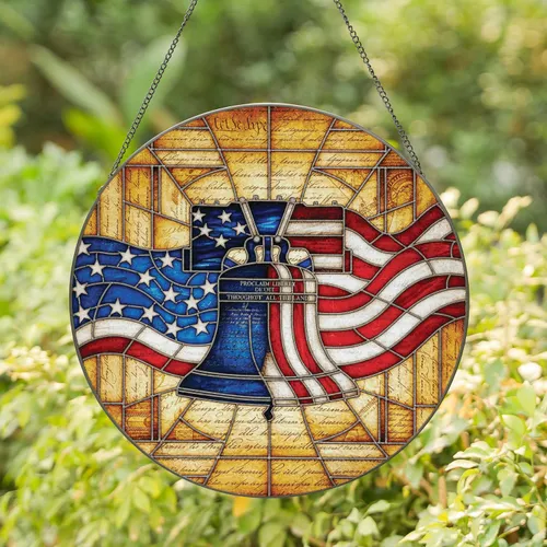 Liberty Bell American Flag Script - Independence Day Gift for Veterans Stained Glass Suncatcher