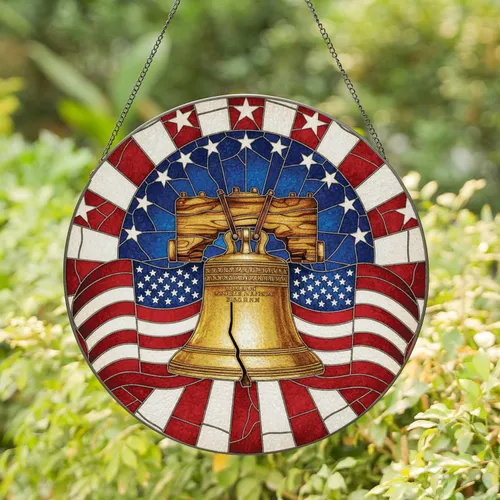 Cracked Golden Liberty Bell American Flag Star Field - Independence Day Home Decor Stained Glass Suncatcher
