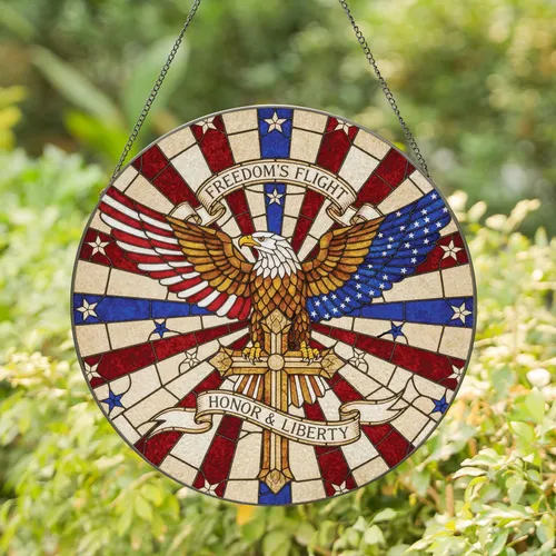 Bald Eagle American Flag Cross - Independence Day Gift for Veterans Stained Glass Suncatcher
