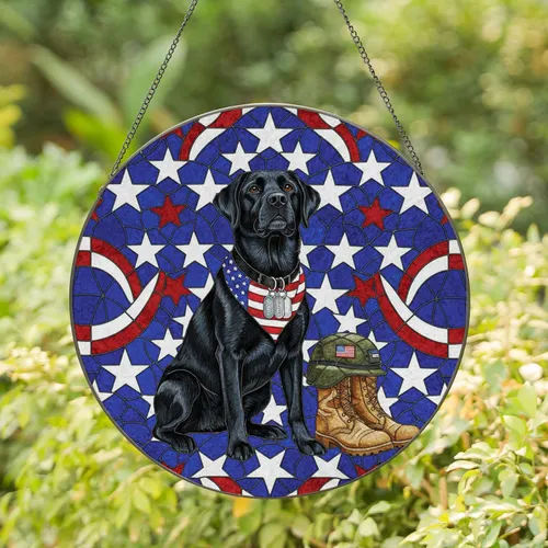 Black Labrador American Flag Combat Boots - Independence Day Gift for Veterans and Military Stained Glass Suncatcher