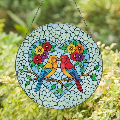 Lovebirds Tree Branch Heart Flowers Tiffany Style Mosaic - Romantic Home Decor Gift for Couples Stained Glass Suncatcher
