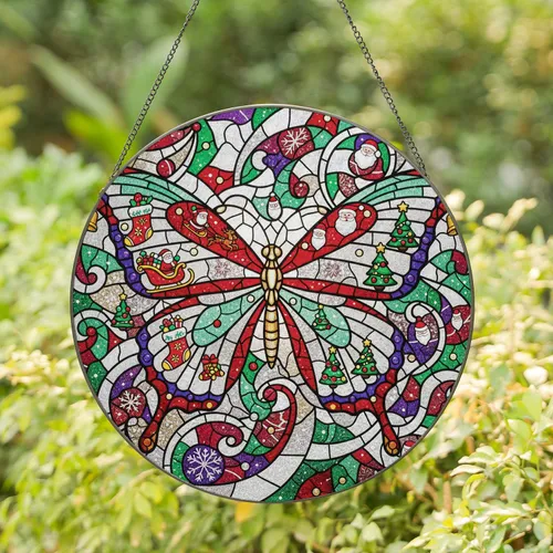 Butterfly Christmas Scene Santa Claus Stockings Christmas Tree Baubles Bells - Christmas Gift Stained Glass Suncatcher
